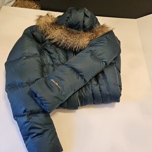Eddie Bauer Teal Puffer Jacket with Faux Fur Collar